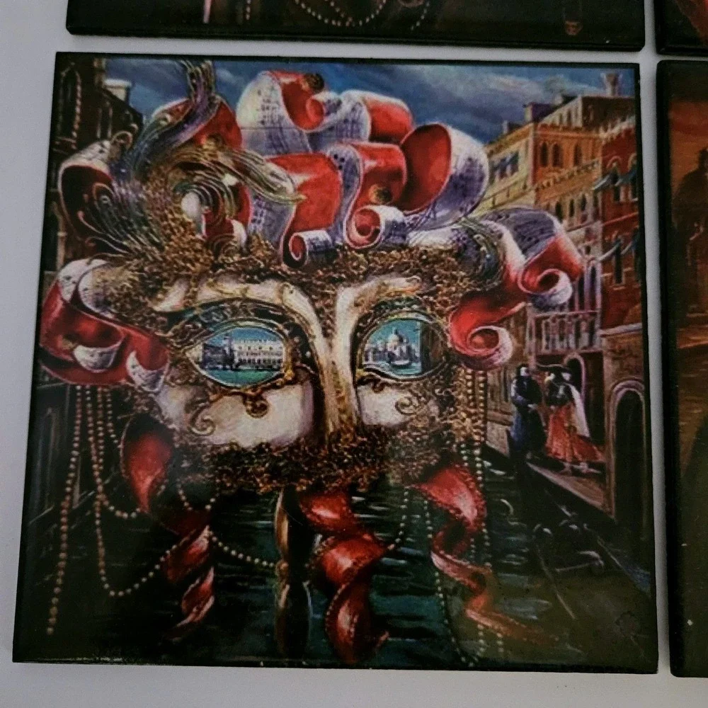 Domosa Venetian Carnival Coaster‎ Set Ceramic Multicolor Mask Jester Venice Art